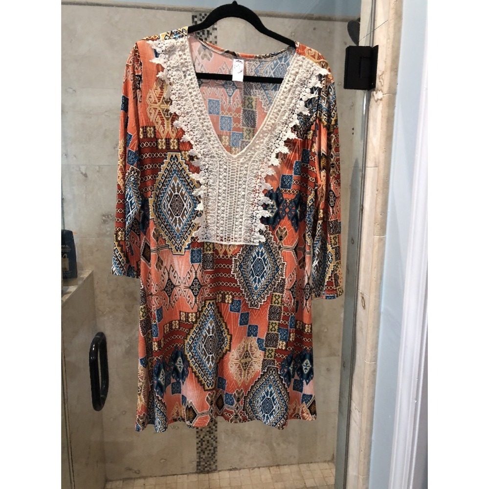 2B Together Crochet Dress L Large Stretch Boho Aztec Print Multicolor JACOB-660